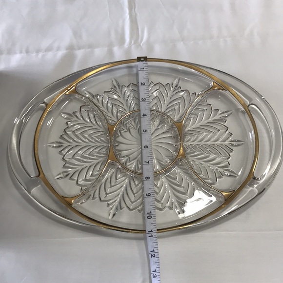 Vintage JEANETTE Glass Oval Gold Trim Divided Serving Tray with Handles - Picture 5 of 11